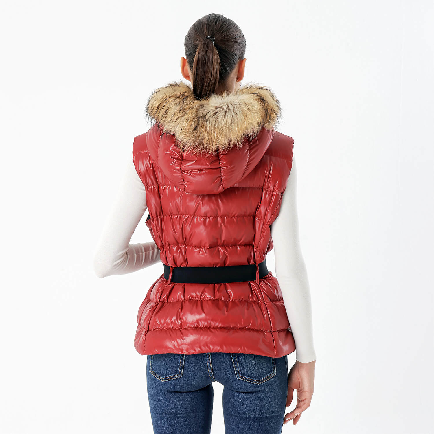 Moncler - Red Puffer & Fur Gilet Hodded Lightweight Coat